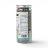Mahnaz Food Lavender Tea loose dried flowers in a clear jar with nutrition facts label and illustration of lavender sprigs.
