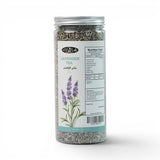Mahnaz Food Lavender Tea loose dried flowers in a clear jar with a label showing lavender sprigs and nutrition facts.