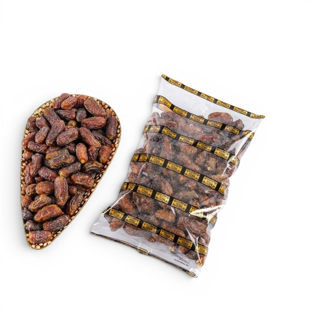 Mahnaz Food Mariami Dates in a decorative bowl and clear packaging. Golden to dark brown, chewy dates.