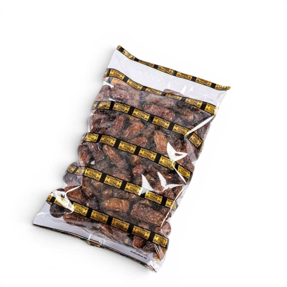 Mahnaz Food Mariami Dates, golden to dark brown, soft, sweet, chewy texture, premium quality.