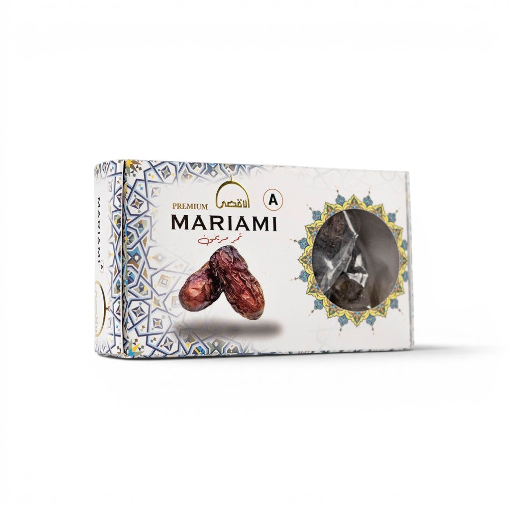 Mahnaz Food Mariami Dates, premium jumbo size, golden to dark brown with soft, sweet flesh and chewy texture.