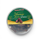 Mahnaz Food Mariami Jumbo Dates, dark brown, soft, chewy, naturally sweet fruit in a clear plastic container.