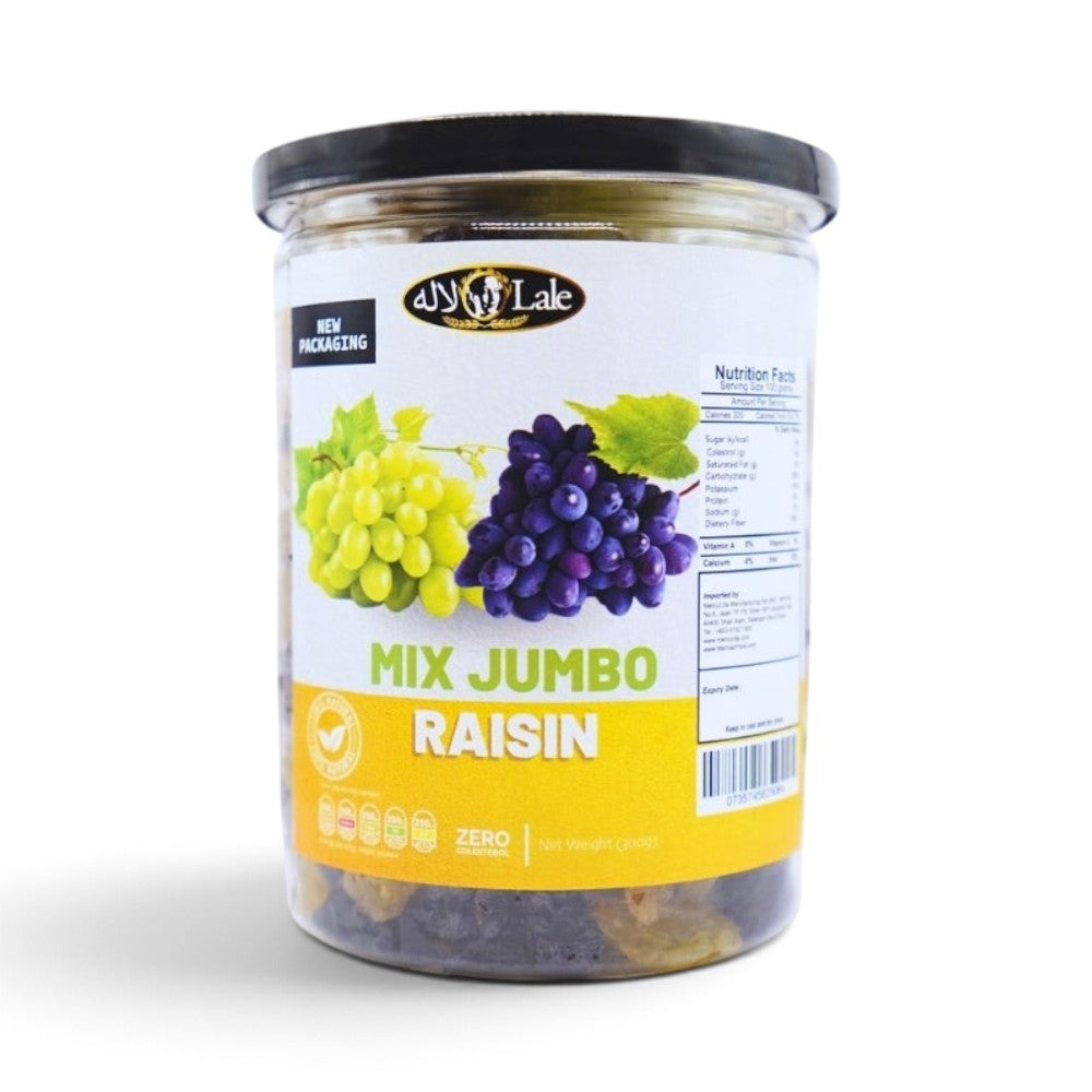 Mahnaz Food mix jumbo raisins in a 300g clear plastic jar featuring black and golden dried grapes on the label
