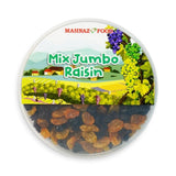 Mahnaz Food mix jumbo raisins in a clear round container with a vineyard illustration label