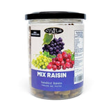 Mahnaz Food mix raisin jar featuring sundried raisins with a label showing fresh green, red, and black grapes