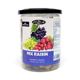 Mahnaz Food mix raisin jar featuring sundried raisins with a label showing fresh green, red, and black grapes