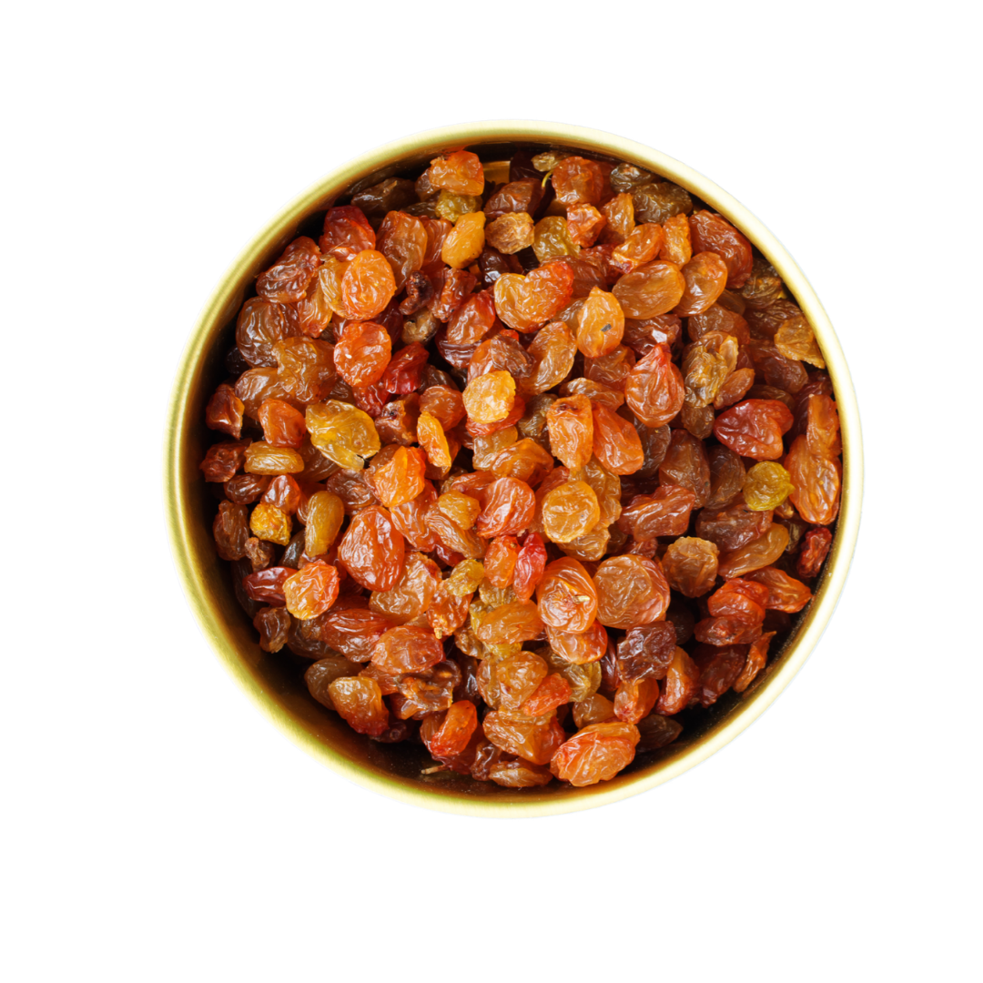Mahnaz Food mix raisins in a round bowl, showcasing a variety of dried fruit textures and golden-brown colors.