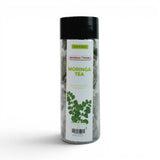 Mahnaz Food Moringa Herbal Tea Bags, 10 pyramid tea bags in a clear plastic jar with a black lid. Features moringa leaves illustration.