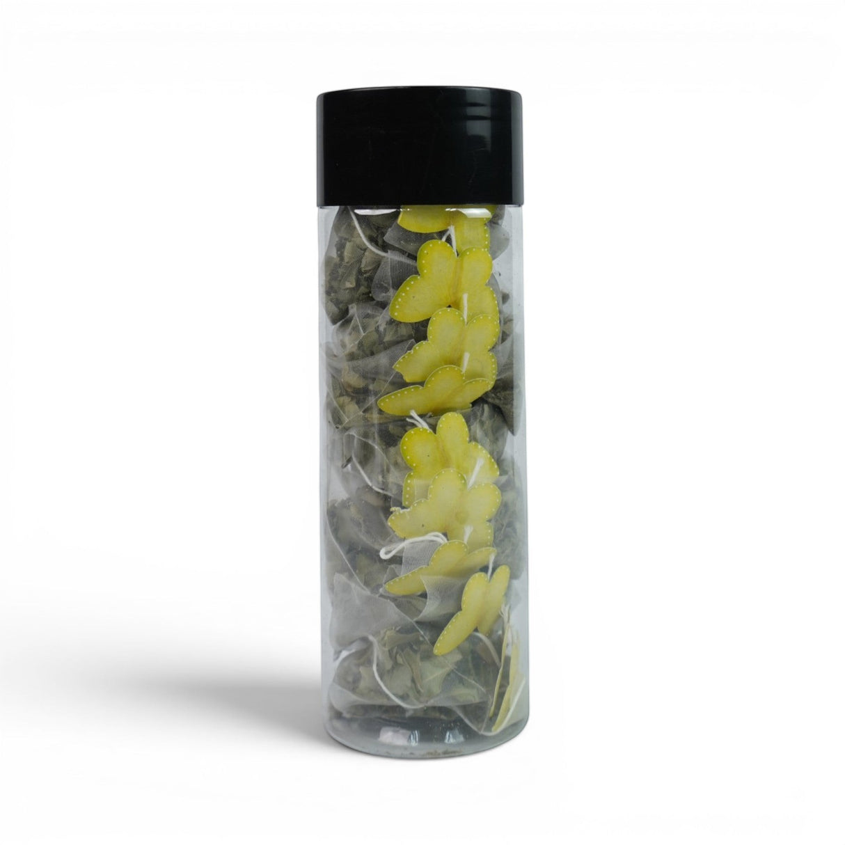 Mahnaz Food Moringa Herbal Tea Bags in a clear bottle with yellow butterfly decorations. Pyramid tea bags filled with dried moringa leaves.