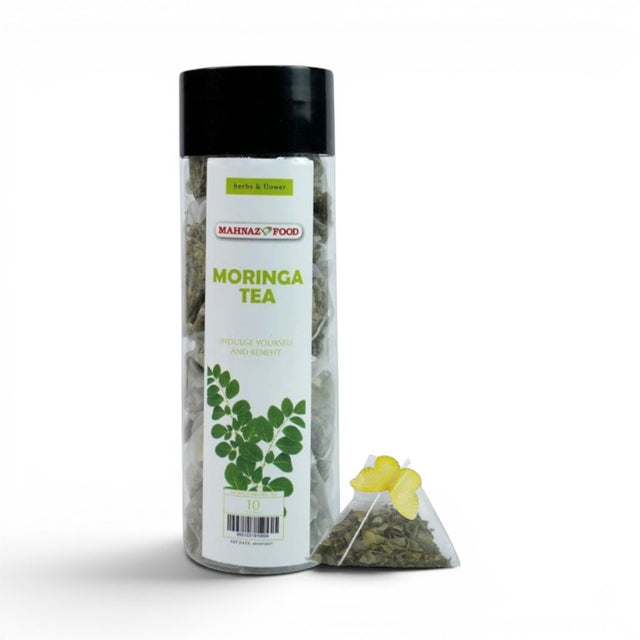 Mahnaz Food Moringa Herbal Tea Bags, 10 pyramid tea bags in a clear container with a green leaf design.
