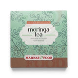 Mahnaz Food Moringa Herbal Tea Bags, aromatic natural tea, caffeine-free, box with green leaf pattern.