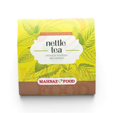 Mahnaz Food nettle tea box with green nettle leaf illustrations and a white label.