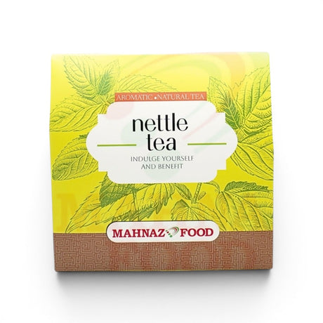 Mahnaz Food nettle tea box with green nettle leaf illustrations and yellow background. Naturally caffeine-free.