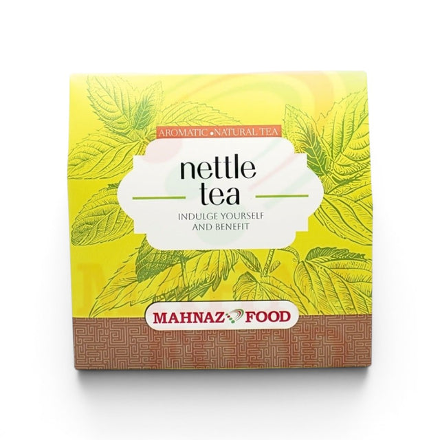 Mahnaz Food nettle tea box with green nettle leaf illustrations and yellow background. Naturally caffeine-free.