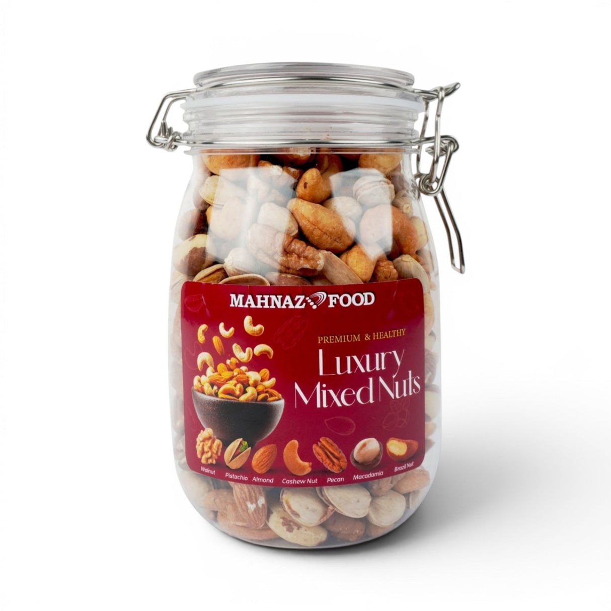 Mahnaz Food premium mixed nuts including walnuts, pistachios, almonds, cashews, pecans, and macadamias.