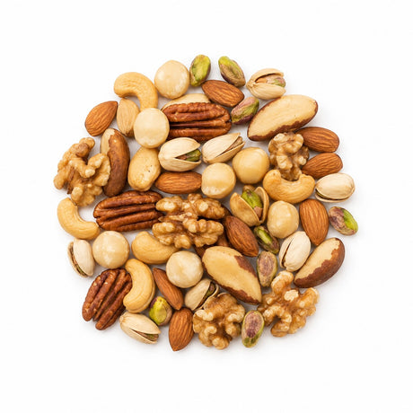 Mahnaz Food premium mixed nuts including walnuts, pistachios, almonds, cashews, pecans, and macadamias.