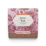 Mahnaz Food rose tea box with floral design, aromatic natural tea, 6 or 10 teabags, caffeine-free, supports relaxation.
