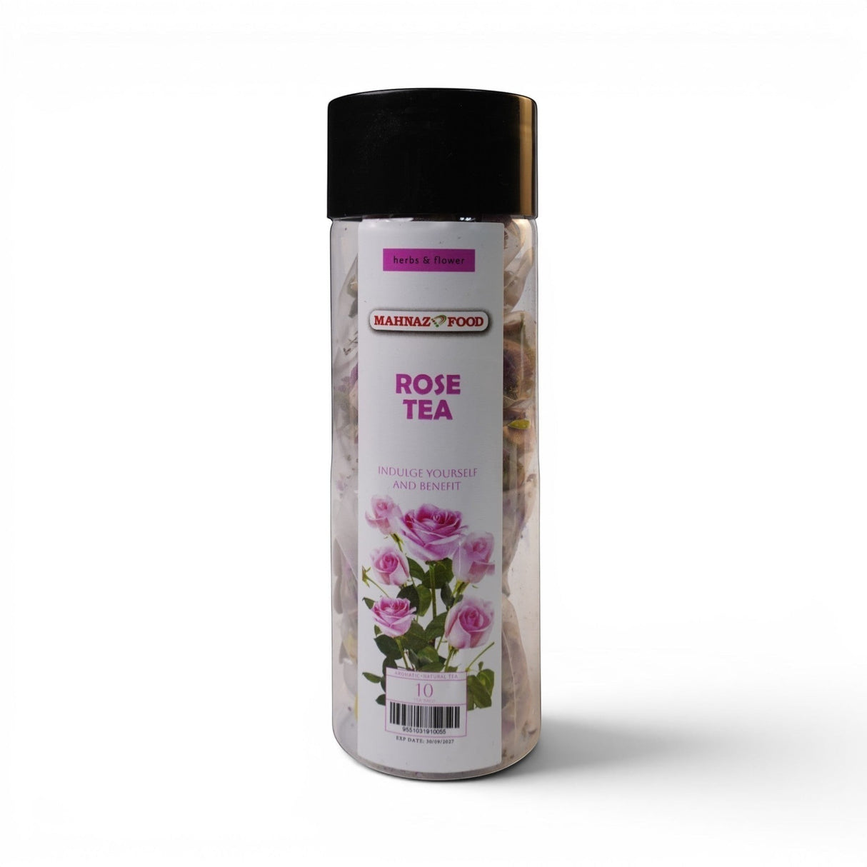 Mahnaz Food Rose Tea in a clear plastic bottle with a black lid, featuring dried rose petals and pink rose illustrations.