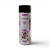 Mahnaz Food Rose Tea in a clear plastic bottle with a black lid, featuring dried rose petals and pink rose illustrations.