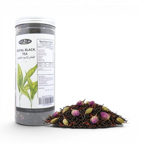 Mahnaz Food Royal Black Tea loose leaf blend with cardamom pods and dried rosebuds, 120g jar.