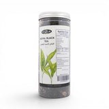 Mahnaz Food Royal Black Tea loose leaf herbal remedy in a clear jar with nutrition facts and ingredients listed. 120g.