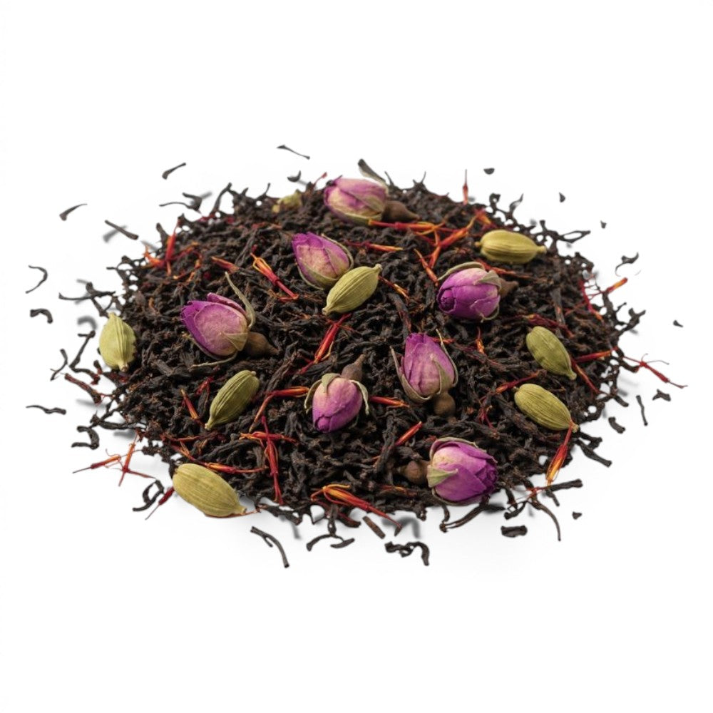 Mahnaz Food Royal Black Tea loose leaf blend with dried rose buds, cardamom pods, and saffron threads.