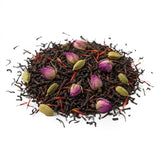Mahnaz Food Royal Black Tea loose leaf blend with dried rose buds, cardamom pods, and saffron threads.