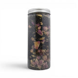 Mahnaz Food Royal Black Tea loose leaf blend with dried rose petals in a clear jar. 120g.