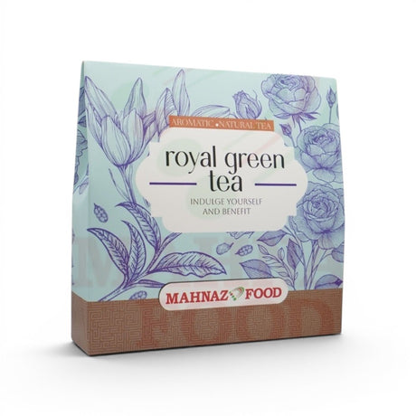 Mahnaz Food Royal Green Tea box with floral design. Contains 6 or 10 teabags. Natural, caffeine-free herbal tea.