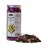 Mahnaz Food Royal Green Tea loose leaf blend with dried rose buds and green tea leaves, 120g jar.