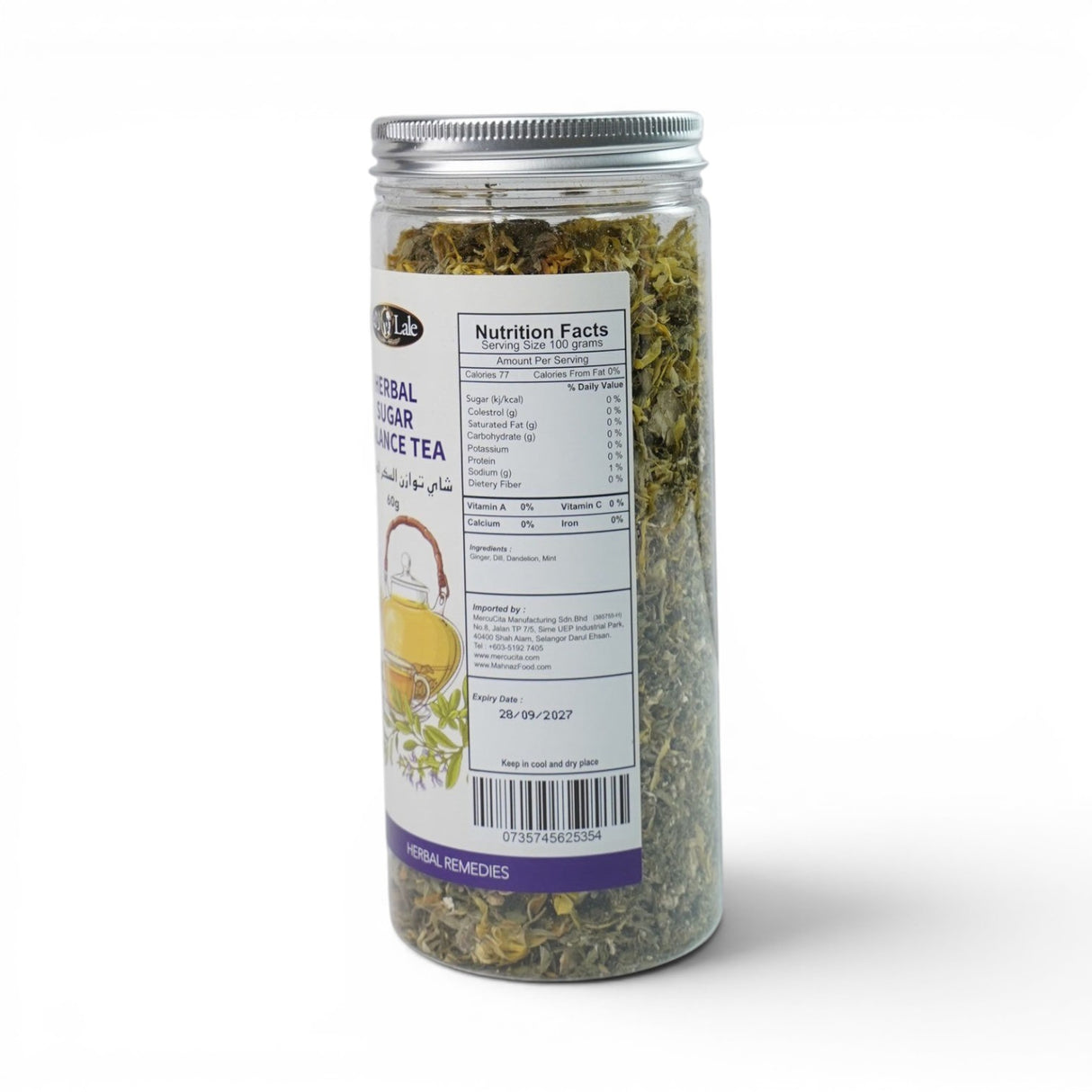 Mahnaz Food Sugar Balance loose leaf herbal tea blend with ginger, dill, dandelion, and mint. 30g jar.