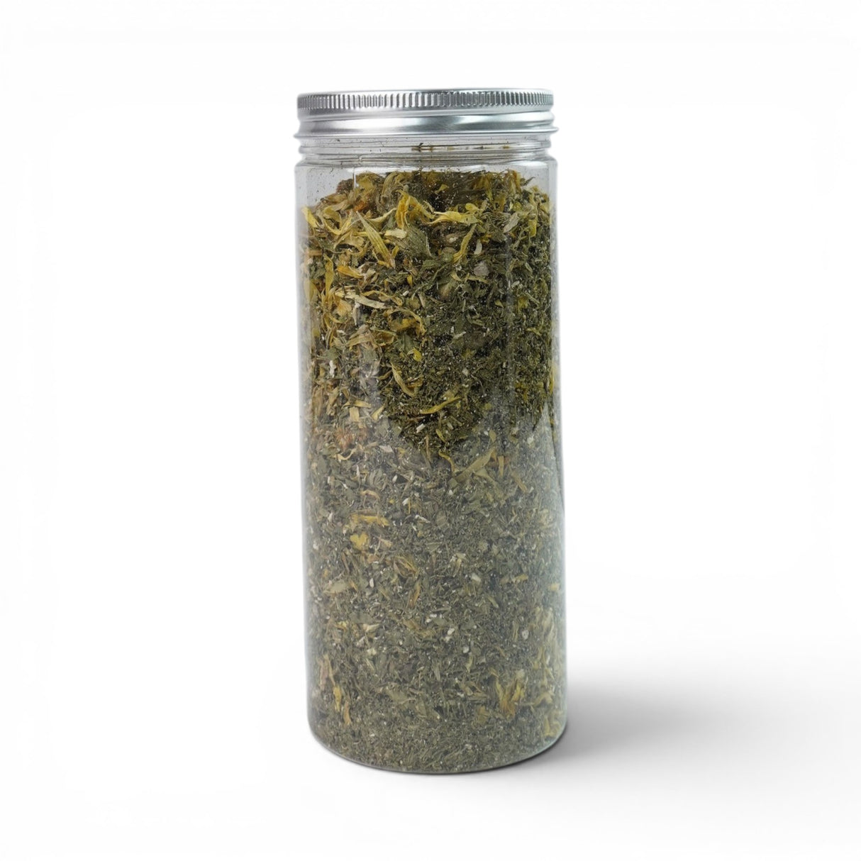 Mahnaz Food Sugar Balance loose leaf herbal tea blend in a clear jar, featuring ginger, dill, dandelion, and mint.