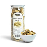 Mahnaz Food premium whole dried ginger in a clear plastic jar with a small white bowl of ginger pieces in front