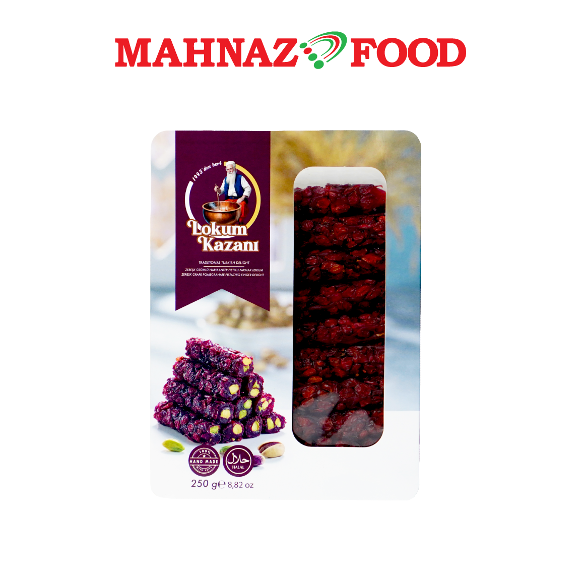 Mahnaz Food Lokum Kazani Turkish Delight Zeresk Grape Pomegranate Pistachio Finger Delight 250g Made in Turkey